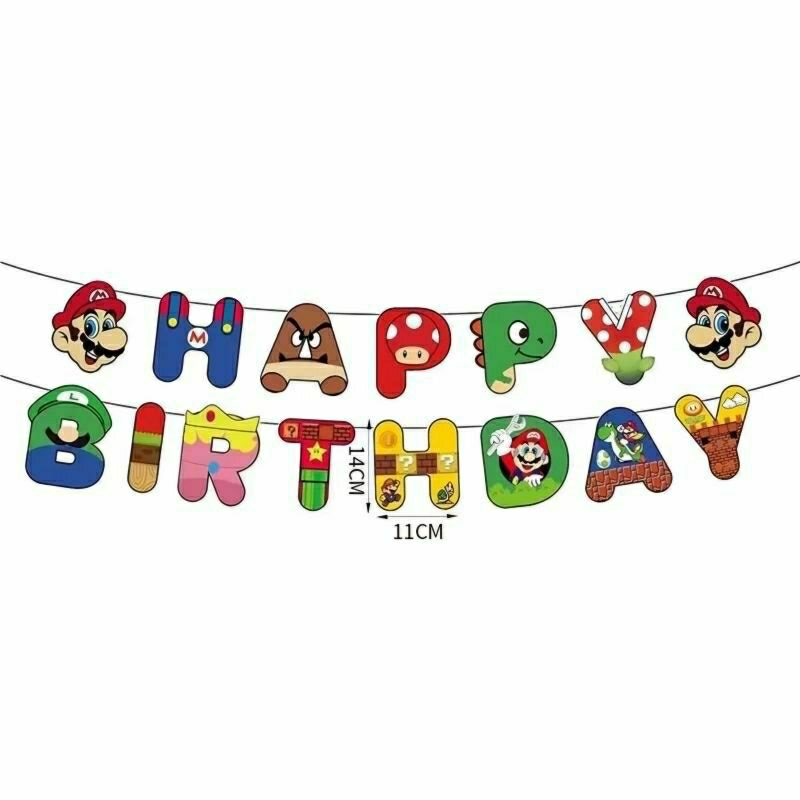 Banner happy birthday karakter super mario bross bros 2d import bunting flag baner hiasan dekorasi p