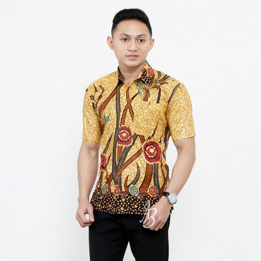 Hem Batik Pria Lengan Pendek- Motif Akar Kuning - Warna Kuning Hitam Coklat