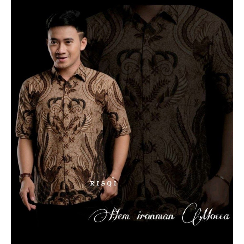 Hem Batik Pria Lengan Pendek- Motif Merak Pasang Kuning - Warna Abu Kuning