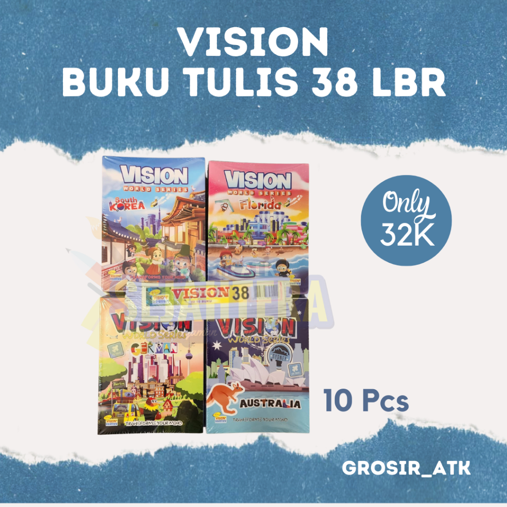 

[PAK] BUKU TULIS VISION 38 LEMBAR / BUKU TULIS VISION KOTAK KECIL / KOTAK TANGGUNG SEDANG / KOTAK BESAR / HALUS / [SET] BUKU TULIS VISION 38 DAN SAMPUL BUKU SISIPAN KWARTO / [SET] BUKU TULIS VISION 38 DAN SAMPUL BUKU LEM PEREKAT KWARTO