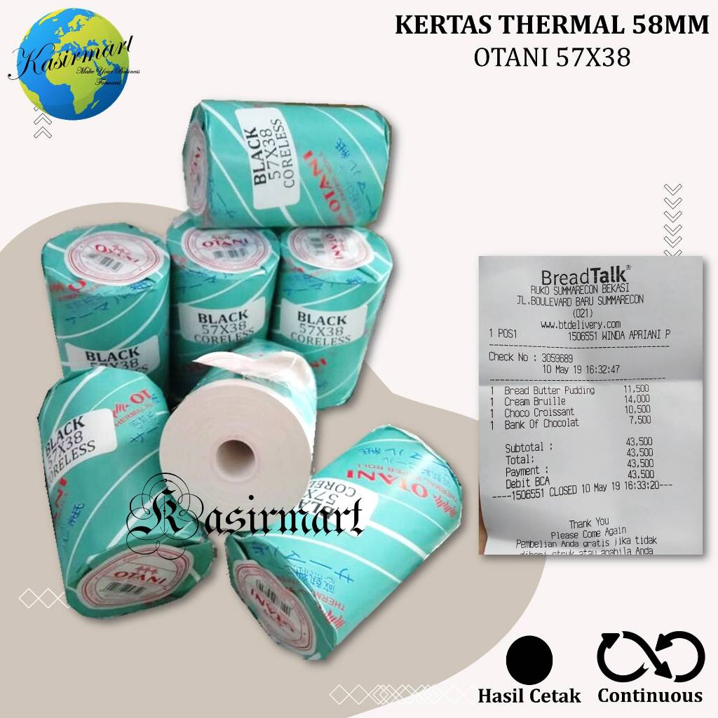 

OTANI 58X40/57X40/57X37/58X37 KERTAS THERMAL STRUK KASIR PRINTER BLUETOOTH 58MM