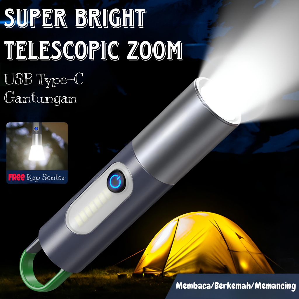 (toko_rici) Senter Genggam Super Terang / Senter Telescopic Zoom Super Terang Recharger Type C IPX6