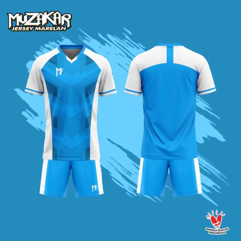 MUZAKAR Apparel Baju Futsal Setelan Stelan Jersey Bola Biru LangitPutih Bisa Sablon ART F7M8