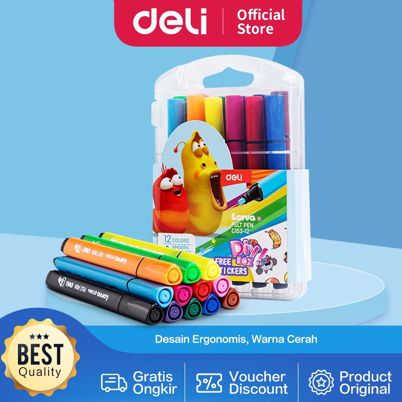 

ART L66B Deli Larva Felt Pen Spidol Warna 1224 Warna Mudah Dicuci Warna Cerah dan Tebal EC153