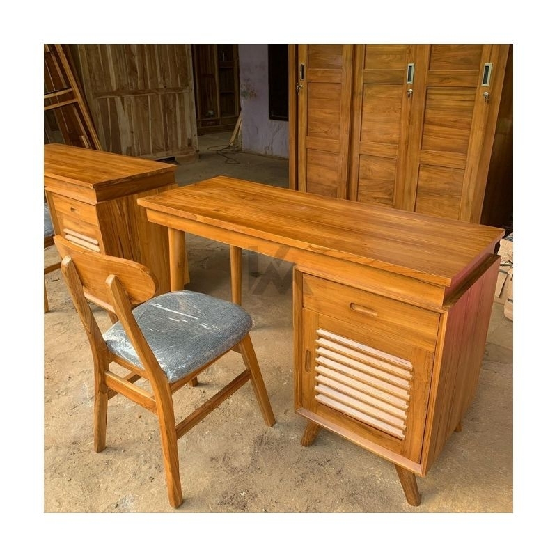 Meja Kerja / Meja Belajar Kayu Jati Minimalis Set Kursi