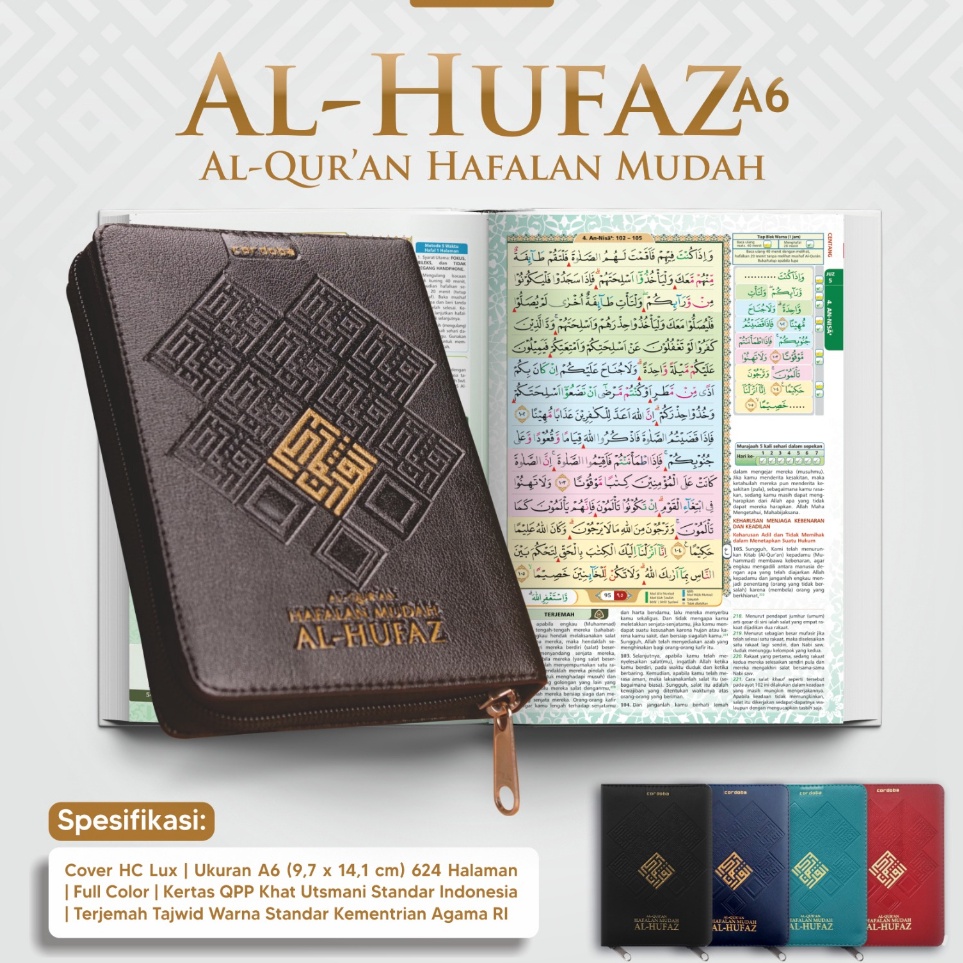 KODE Q4B9 Alquran Hafalan AlHufaz A6 Cover Kalep Resleting 5 Blok Warna Terjemah Tajwid Warna