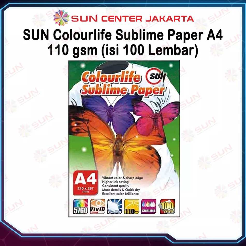 

KODE A9U8 Kertas Sablon Sublim Transfer Paper SUN Colourlife Sublime Paper A4 isi 1 Lembar