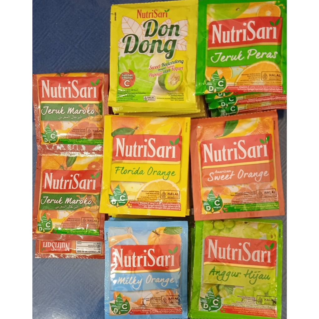 

NutriSari Jeruk Maroko, Milky Orange, Anggur Hijau, Sweet Orange, Florida Orange, Jeruk Peras, Kedondong / renteng