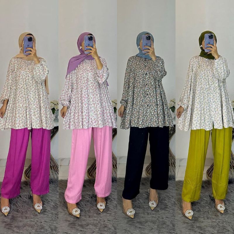READY(SIAP KIRIM)ONESET DELVINA FLOWER KATUN RAYON DIAMOND MIX CRINKLE SETELAN WANITA RAYON PREMIUM 