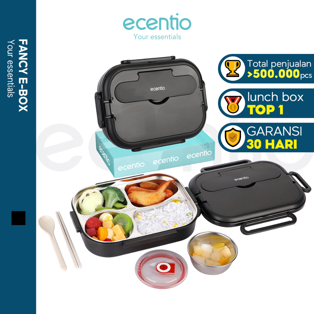 	 【Stainless 304】【Live exclusive】ecentio lunch box 1000ml stainless steel anti tumpah 4 grid kotak makan tepak makan Hitam	