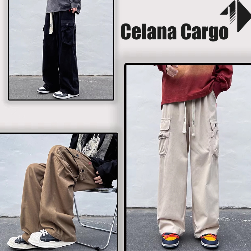 Celana Cargo panjang Pria Fashion Longgar Celana Cargo Pants Oversize Celana Cargo Pinggang Gombrong