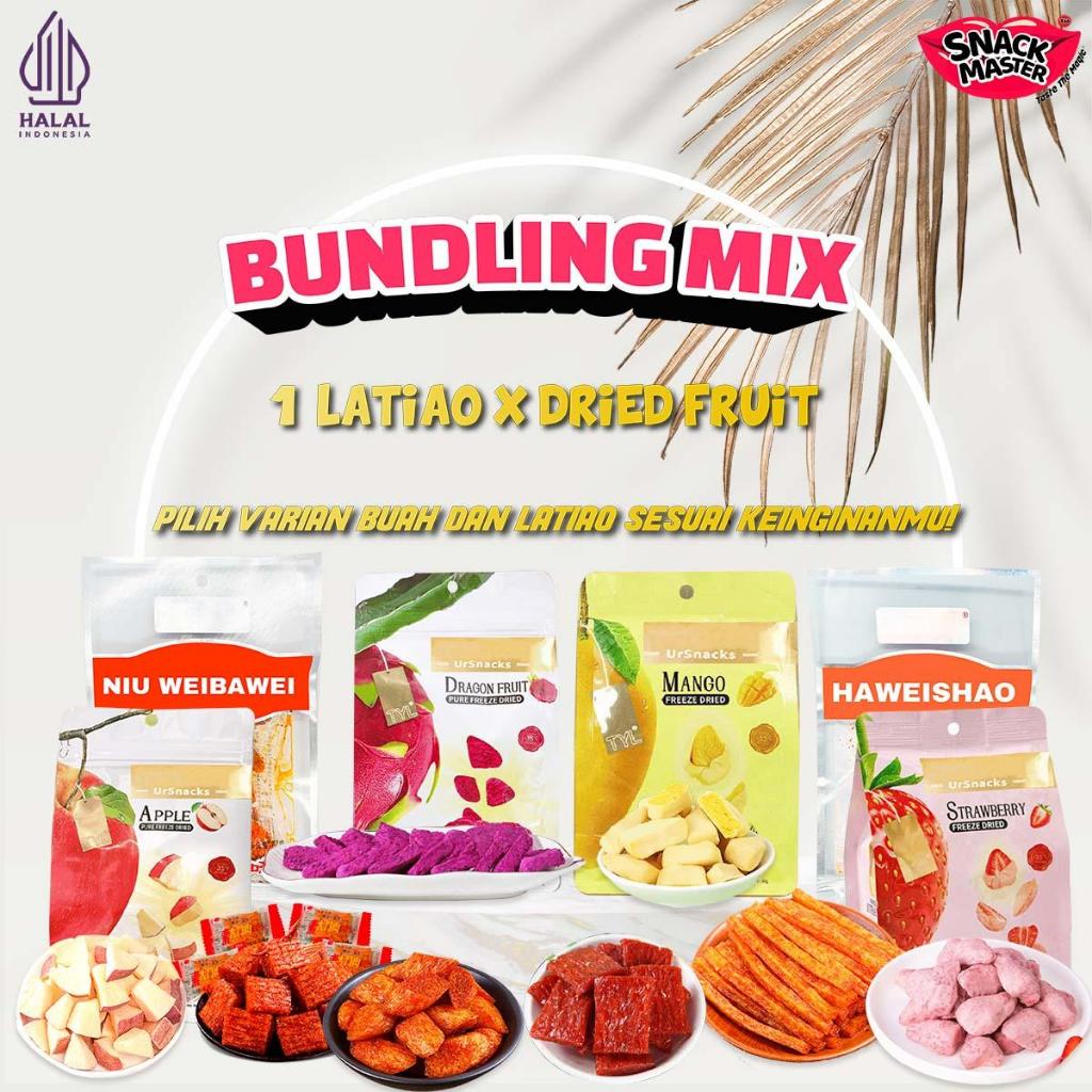 

BUNDLE MIX SNACK | Latiao Mala Snack + Ursnacks Freeze Dried Fruit | Halal Snack Stik Mala dan Buah Kering | Sweets and Savory Snacks Cemilan