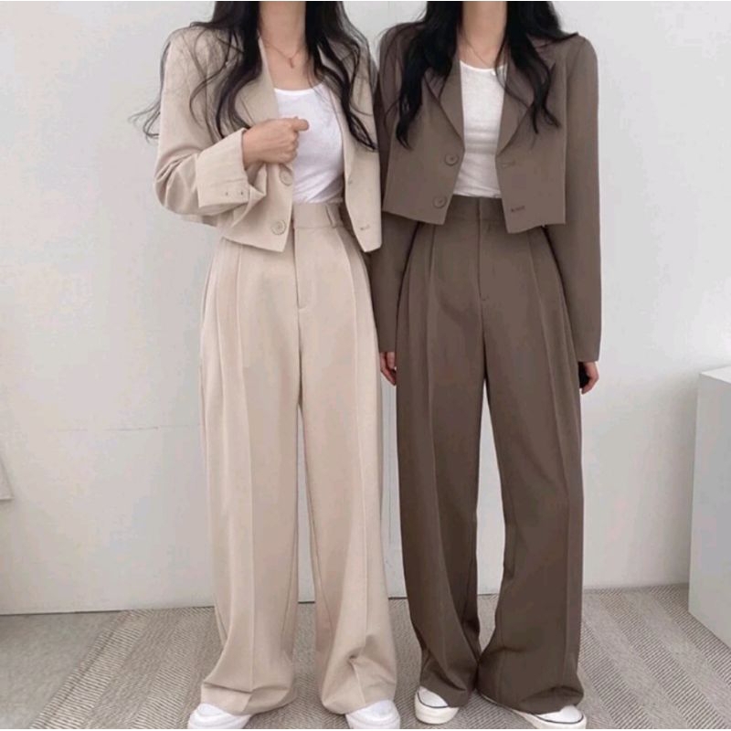 One Set Blazer Crop wanita Style/Setelan Jas Crop Celana kulot formal