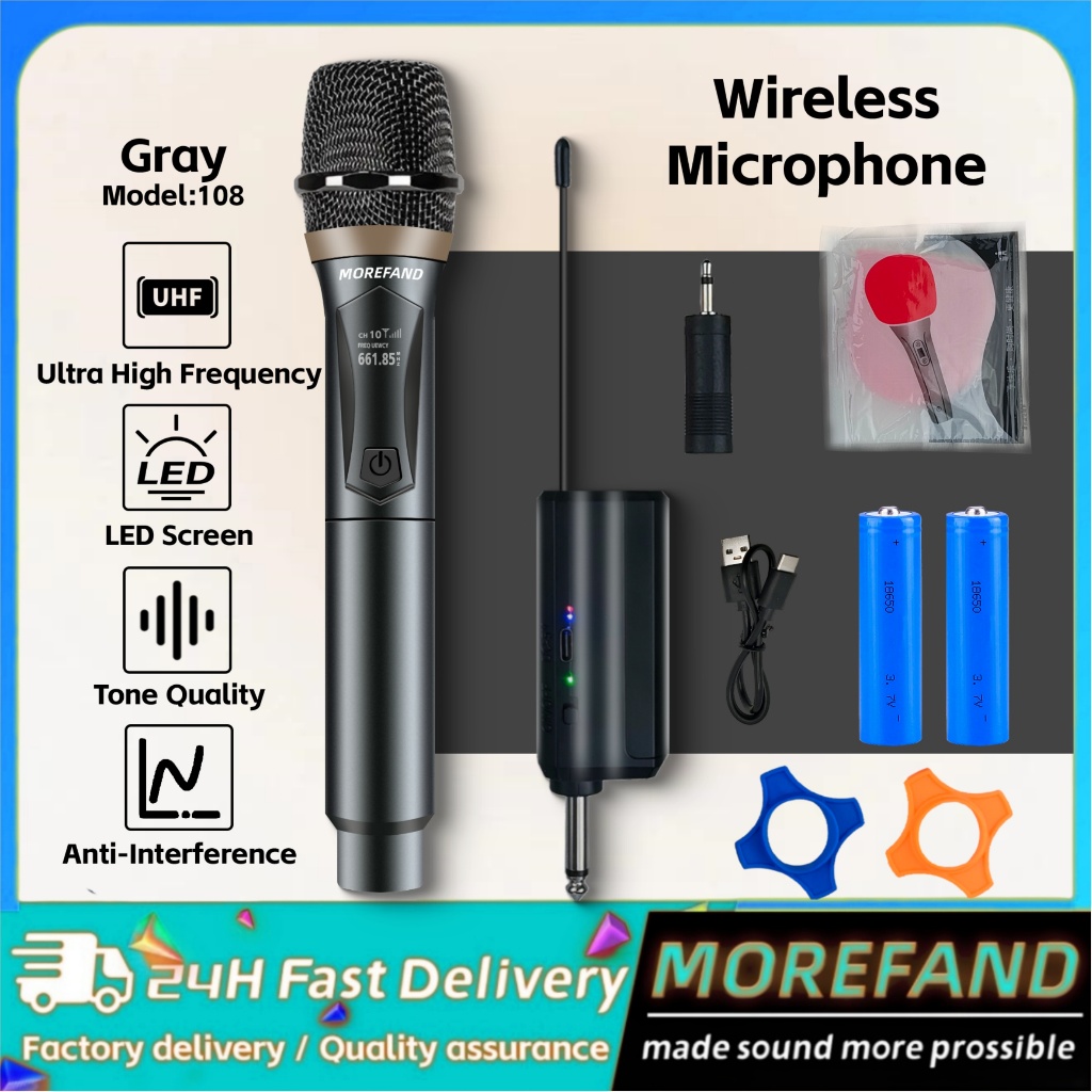 Morefand Mic Microphone Karaoke Profesional Wireless 108V1-S UHF Double Free Sarung Mic