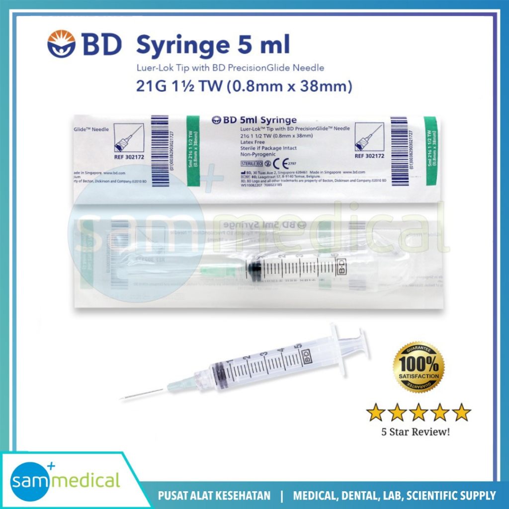 BD Syringe + Needle 5 cc / Suntikan + Jarum 5 ml / Disposable Spuit 5cc / Sekali Pakai  @10 pcs