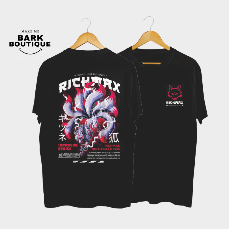 RICHMAX Kitsune Nine Tales Japanese Fox Kaos Pria Distro Hitam T-SHIRT Original