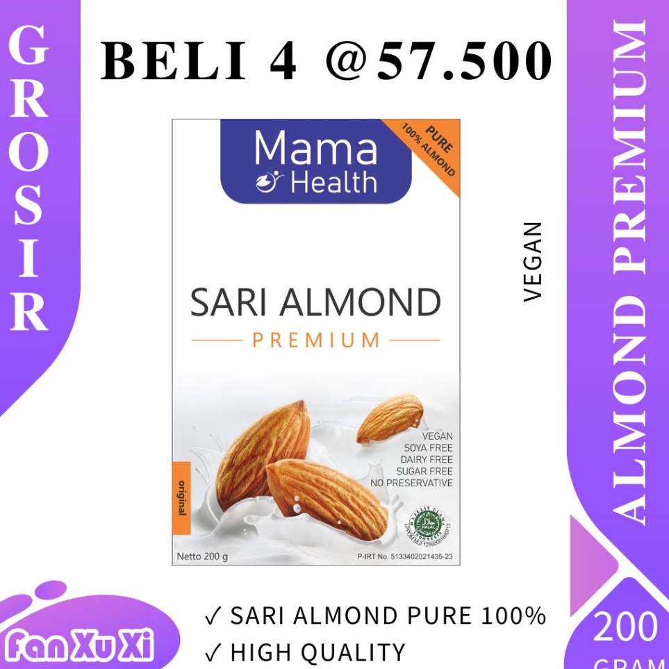 

Promo Keren Mama Health SARI ALMOND PREMIUM Pure 1 VEGAN Sugar Free Gluten Free Dairy Free Bubuk Almond Murni