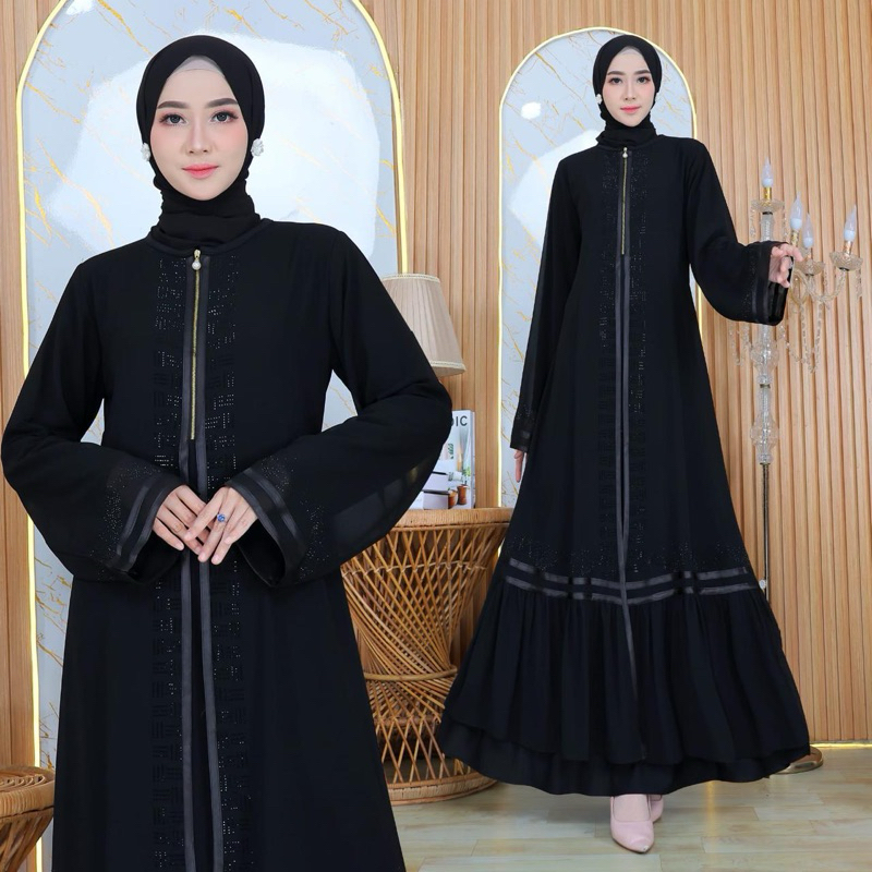 GAMIS ABAYA TURKEY BORDIR BELAH SAMPING FULL HITAM MEWAH TERLARIS DIVVSAA.COLLECTION-Busui Pita