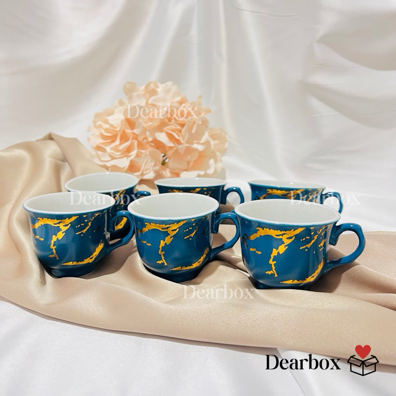 Dearbox | TEA SET 6PCS CUP SET TEH HAMPERS HADIAH KADO GIFT SET KARTU UCAPAN BIRU EMAS TEH HIJAU