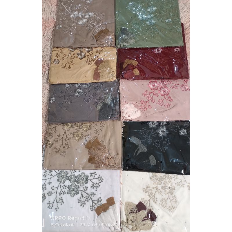 KERUDUNG SEGI EMPAT BORDIR SENADA, PAYET, TASEL BAHAN VOAL PREMIUM