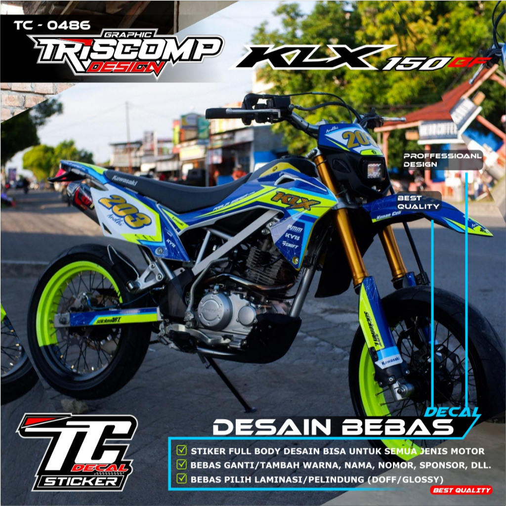 Decal custom KLX BF 150 Motif terbaru kombinasi nomor gold carbon Sticker Motor KLX 150 BF biru stab