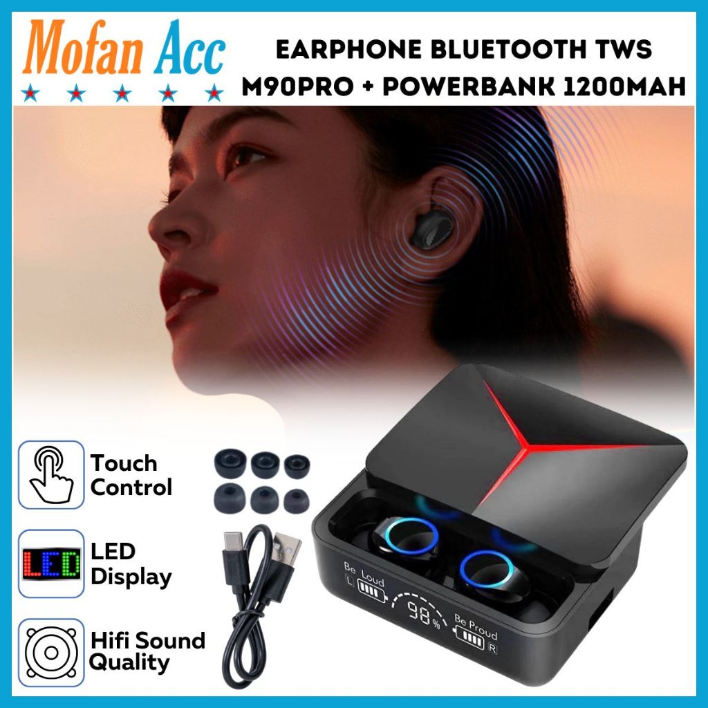 Earphone Bluetooth TWS M90 Pro + Powerbank 1200mAh Charging Case / Handsfree LED Digital M90Pro