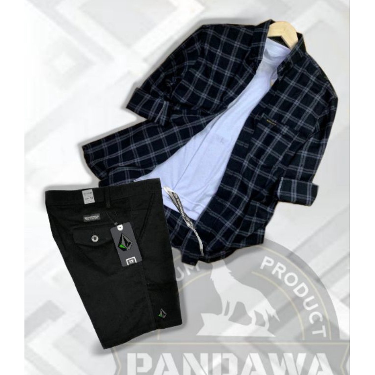 Cekout sekarang One Set Stelan Pria Terbaru Kotak Kotak Kemeja Flanel Lengan Panjang Celana Pendek P
