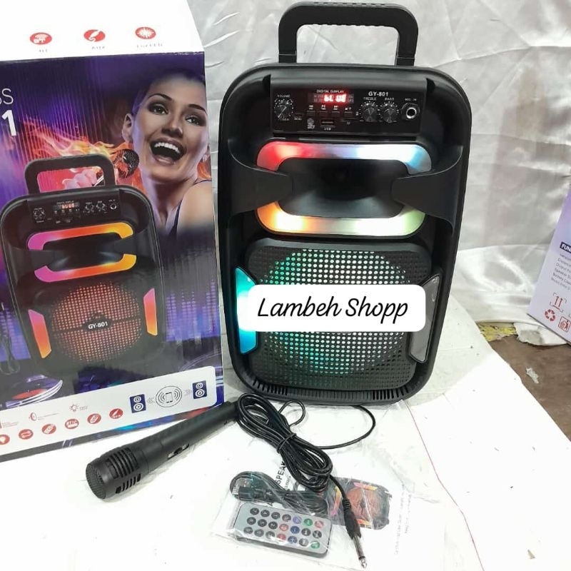 super bass gy 801 speaker portabel bluetooth Bonus mic kabel tersambung 
Ukuran 8 inchi 
22 x 18 x 3