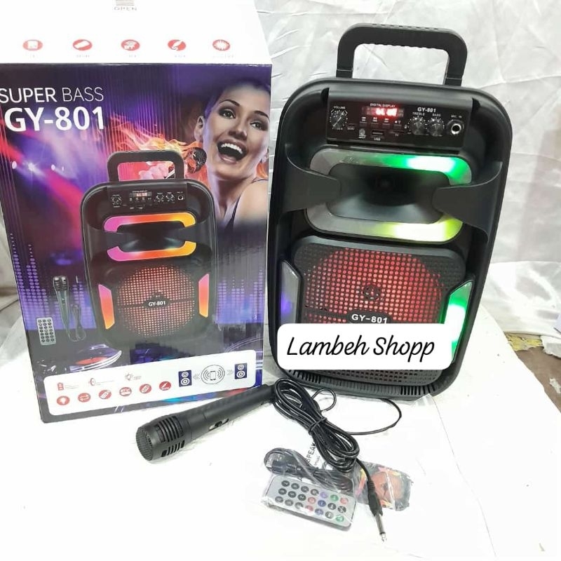 super bass gy 801 speaker portabel bluetooth Bonus mic kabel tersambung 
Ukuran 8 inchi 
22 x 18 x 3