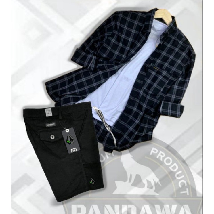 Direkomendasikan One Set Stelan Pria Terbaru Kotak Kotak Kemeja Flanel Lengan Panjang Celana Pendek 