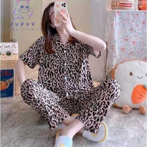 Pupuy Baju Tidur Oneset Panjang Macan Tutul Baju Tidur Wanita Piyama Set Wanita Dewasa Kancing Lenga