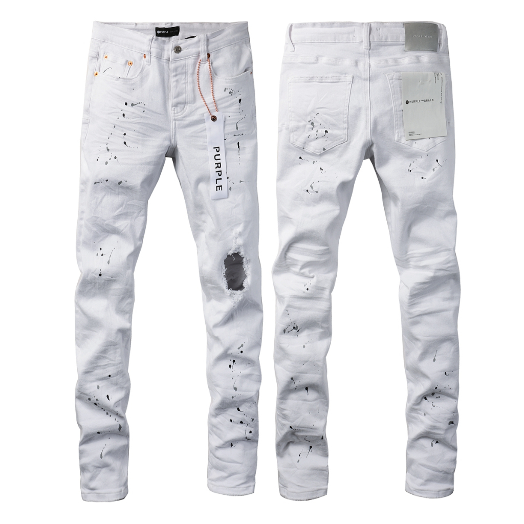 Celana jeans pria, putih, simpel, serbaguna, cipratan cat, celana denim robek, celana lurus, high-st