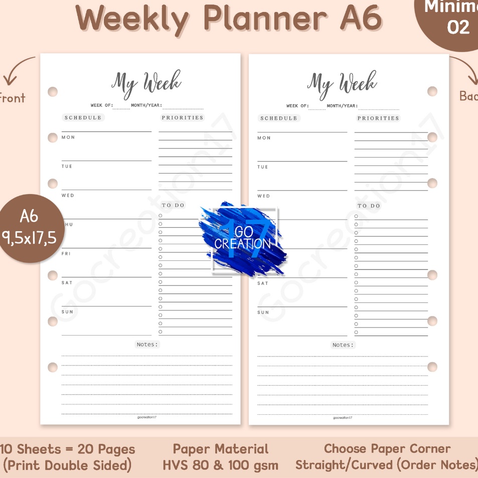 

Pasti Favorit Buku Planner Refill Kertas Isi Binder Weekly Plan Rencana Mingguan Simple Minimalis 6 ring a6