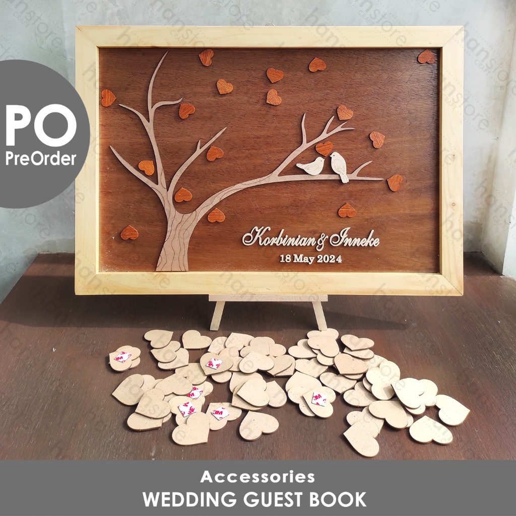 PO Wedding Guest Book 66 x 46 cm / Buku Tamu Pernikahan / Frame Pohon Hati / Wooden Tree Love Heart 