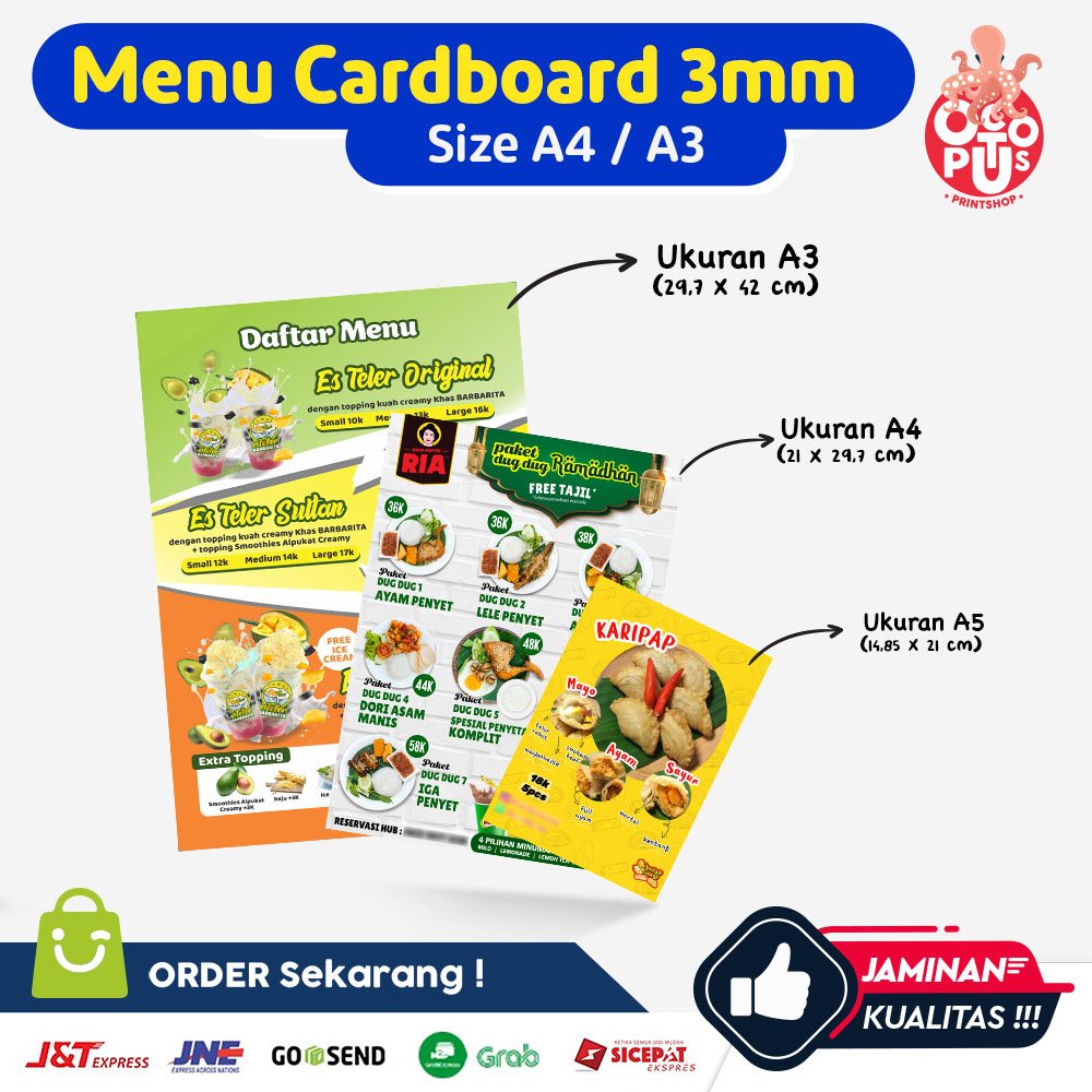 MENU PENYET / MENU CAFE / MENU Cardboard A4 dan A3 2 sisi LAMINASI DOFF ATAU GLOSSY