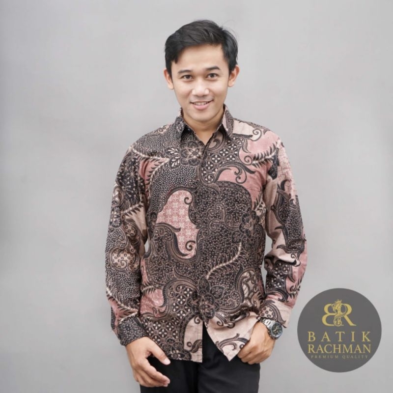 BATIK RACHMAN Baju Kemeja Hem Batik Pria Lengan Panjang Motif Balaraja Warna Pink Peach Nude