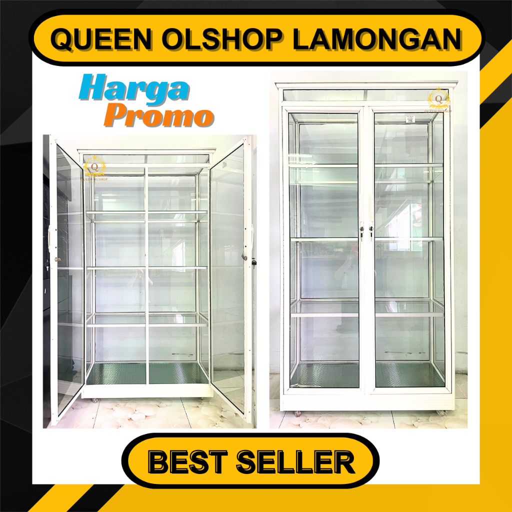 [PROMO] Lemari Almini 2 Pintu Putih Kaca Bening Full Rak
