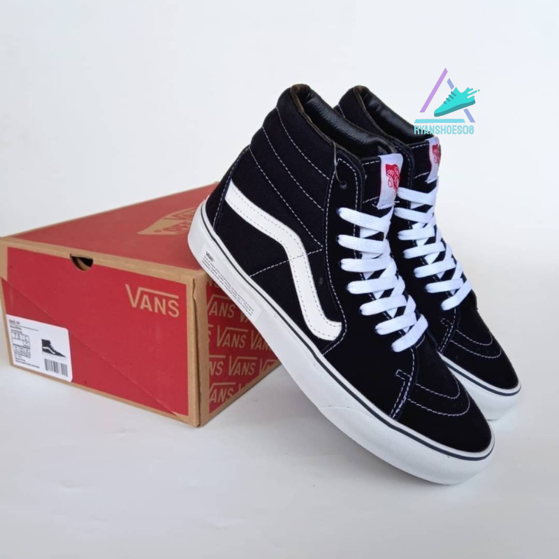 SEPATU PRIA VANS | SEPATU VANS SK8 HI BLACK WHITE CLASSIC SNEAKERS  BNIB
