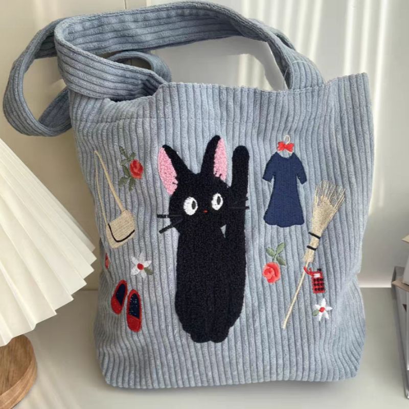 GHIBLI Studio Kiki's Delivery Jiji Biru Twilled Velvet Embroidred Tote Bag Tas Original