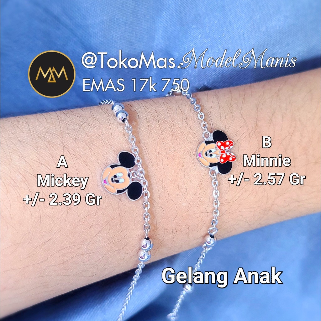 Gelang anak disney mickey minnie emas putih 750 kadar 17k