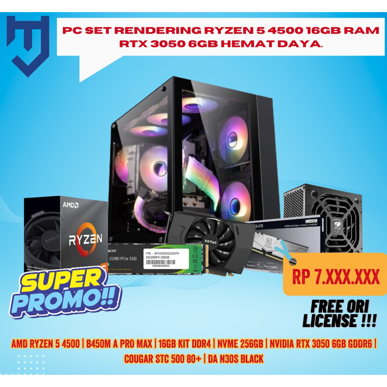 PC Set Rendering Ryzen 5 4500 16GB RAM RTX 3050 6GB Hemat Daya.