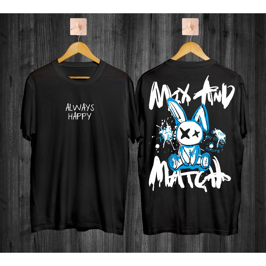 Kaos Distro pria Kaos Motif Mix and Match Hitam Baju Kaos Lengan Pendek Keren Kaos Gambar Rabbit Art