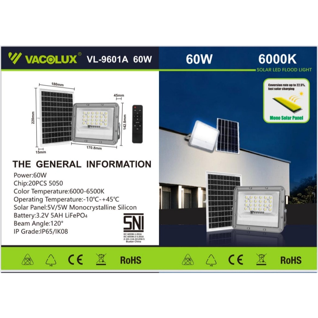 Lampu Solar  VACOLUX (VL-9601A) LED Flood Light 60 Watt