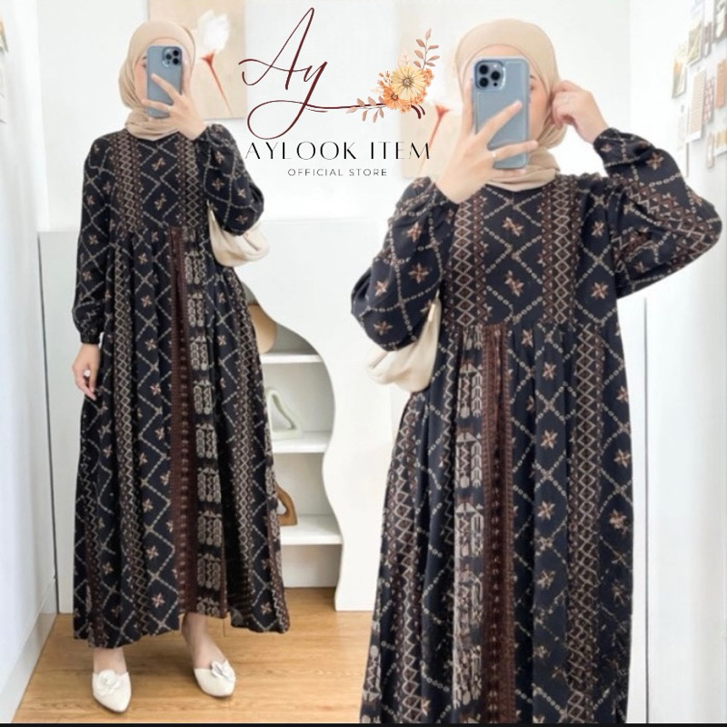 MIDI DRESS WANITA RAYON  / GAMIS RAYON ADEM BUMIL BUSUI FRIENDLY JUMBO-Songket Hitam A