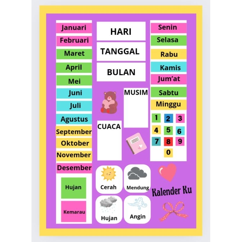 

Papan kalender anak tempel lepas berwarna cerah menyenangkan, anak dapat mengenal konsep waktu, nama - nama hari bulan dan tahun