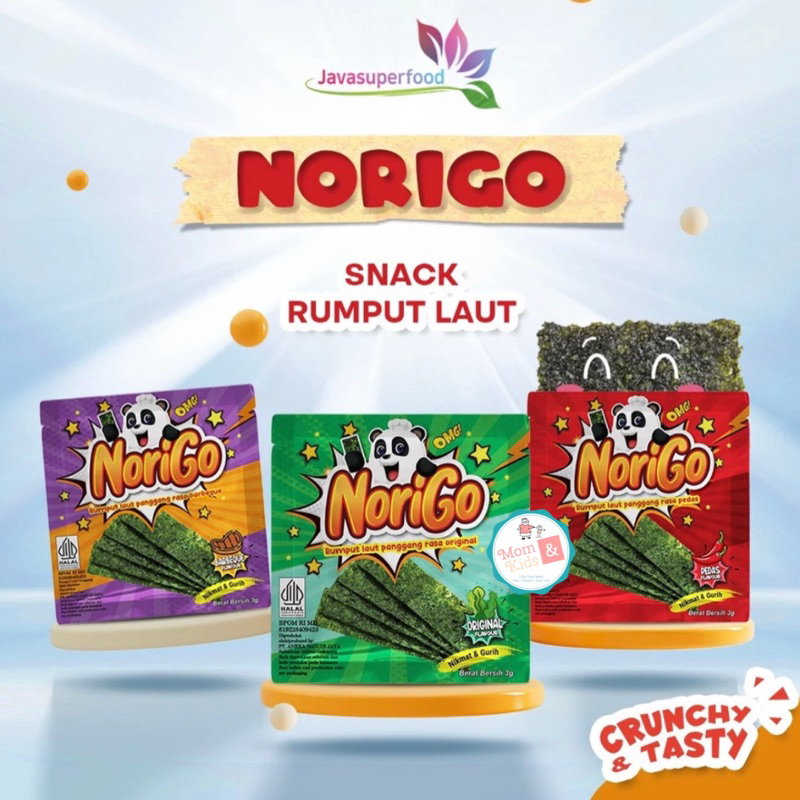 

NORIGO NORI SACHET SEAWEED 3G (1 BOX ISI 12 SACHET) | RUMPUT LAUT HALAL | SNACK CEMILAN BAYI ANAK