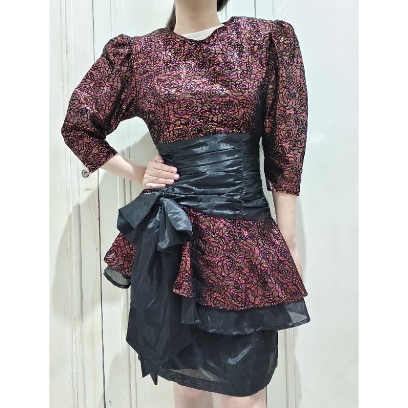 (Preloved) Dress Pesta Sepan Mawar Pink Hitam