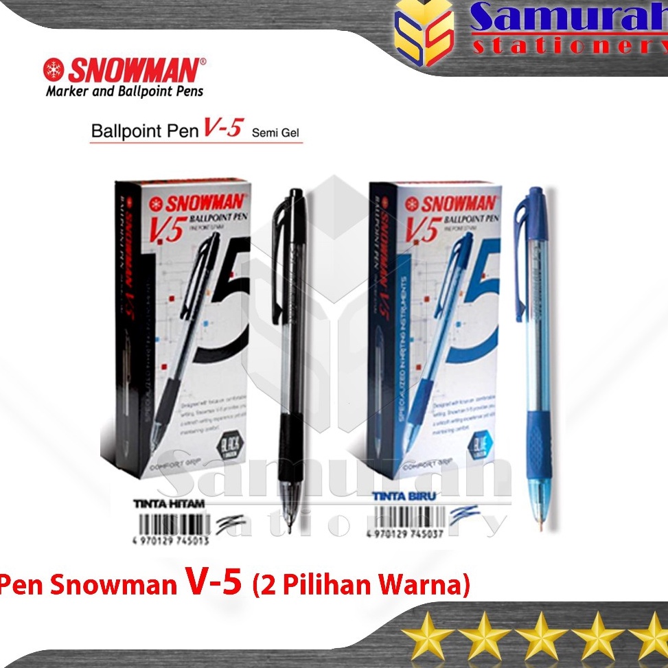 

KODE D8R8 Pulpen Snowman V5 7 mm Lusin Ball Pen 7 Cetek V 5 Hitam Biru Pak