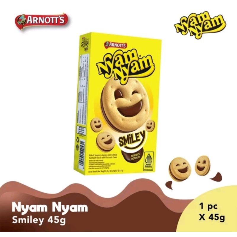 

Nyam Nyam Smiley 45gr / Arnott's Nyam Nyam Smiley / Biscuit Chocolate / Wafer Coklat / Biskuit Berlapis Cokelat / Nyamnyam Coklat / Sandwich Coklat / Wafer Roll Rasa Coklat / Biskuit Lapis Cokelat / Biskuit Coklat Sandwich / Snack Sehat / Nyamnyam Coklat