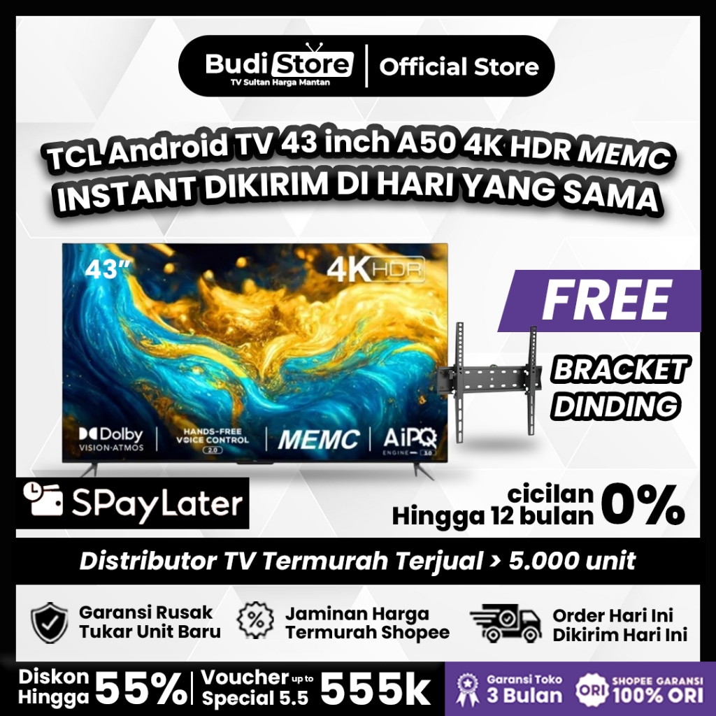 TCL 43 inch Android TV 43A50 + FREE BRACKET DINDING 100% ORIGINAL Android TV 43 Inch GRATIS ONGKIR